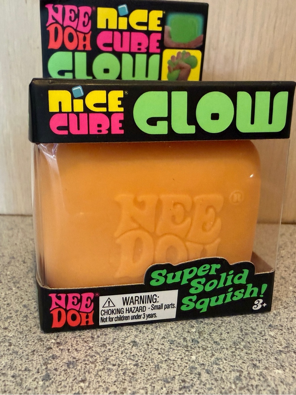 New Nee Doh Nice Cube Orange Super Solid Squish Schylling GLOW Squishy Toy Cube